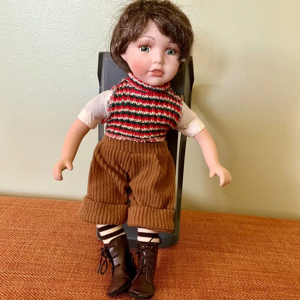 Vintage Porcelain Boy Doll Green Eyes Knit Vest Corduroy Pants 12